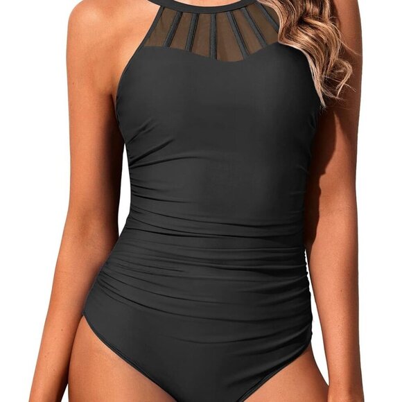 Brand New Women Tummy Control One Piece Swimsuit, Large, Black, High Neck - Picture 1 of 5